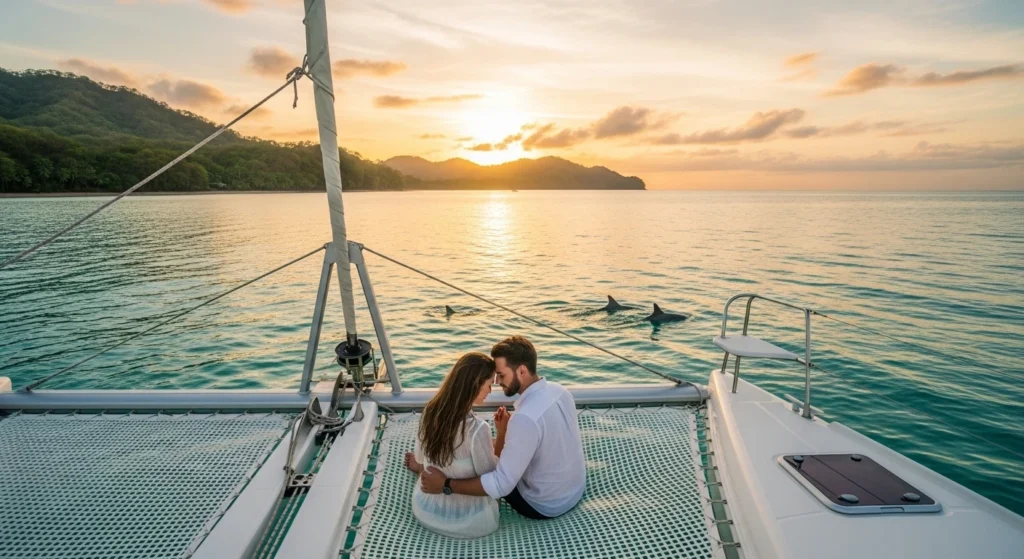 Couple enjoying a romantic sunset catamaran cruise during a honeymoon vacation in Costa Rica with ocean views and dolphins nearby