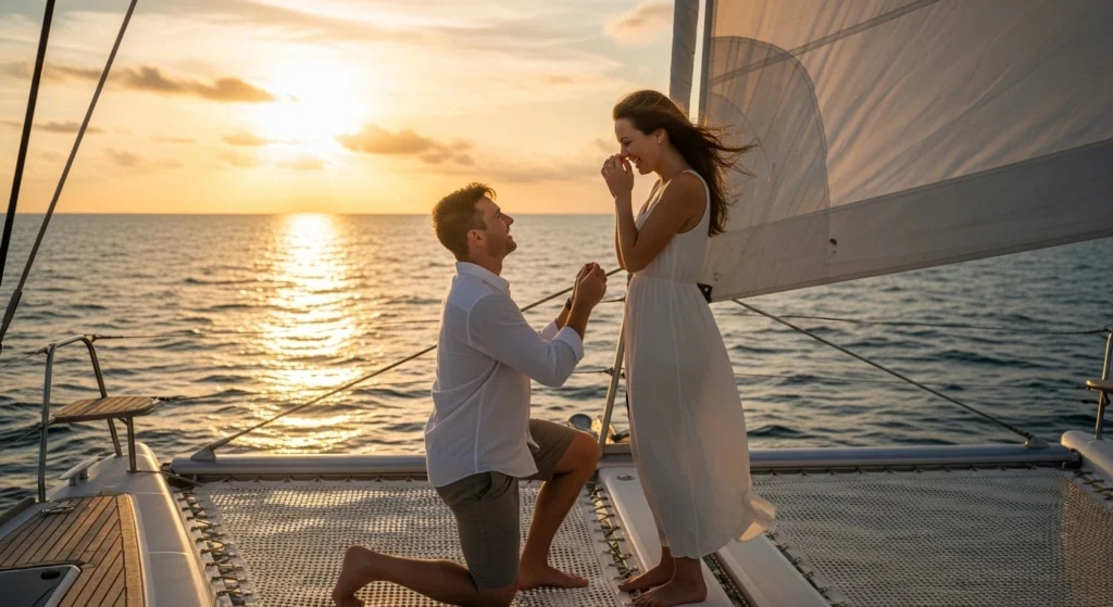 Couple sharing a romantic proposal moment on a catamaran in Costa Rica during golden hour, with warm sunset light reflecting on the ocean, capturing one of the best places to propose in Costa Rica with natural emotions and scenic views