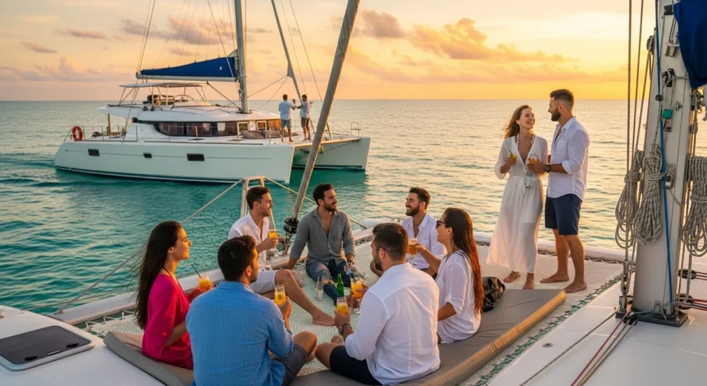 Couples and friends enjoying a shared sunset catamaran cruise in Cancun with music drinks and a lively social atmosphere on the ocean