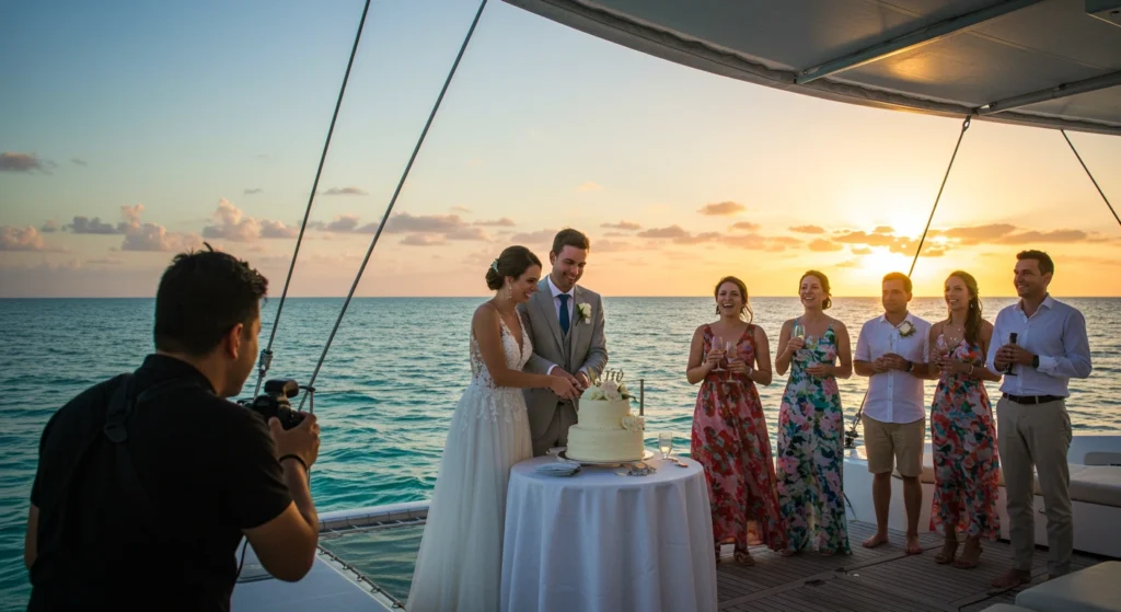 wedding celebration on catamaran in cancun