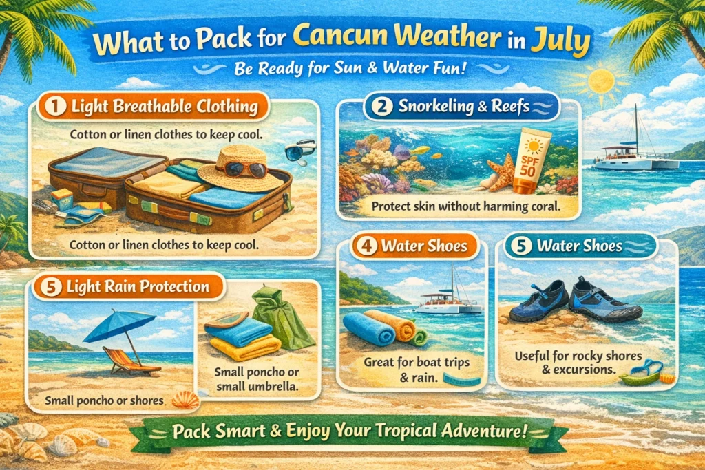 Landscape infographic showing what to pack for Cancun in July, including breathable clothing, reef-safe sunscreen, quick-dry towels, water shoes, rain protection, and motion sickness tips.
