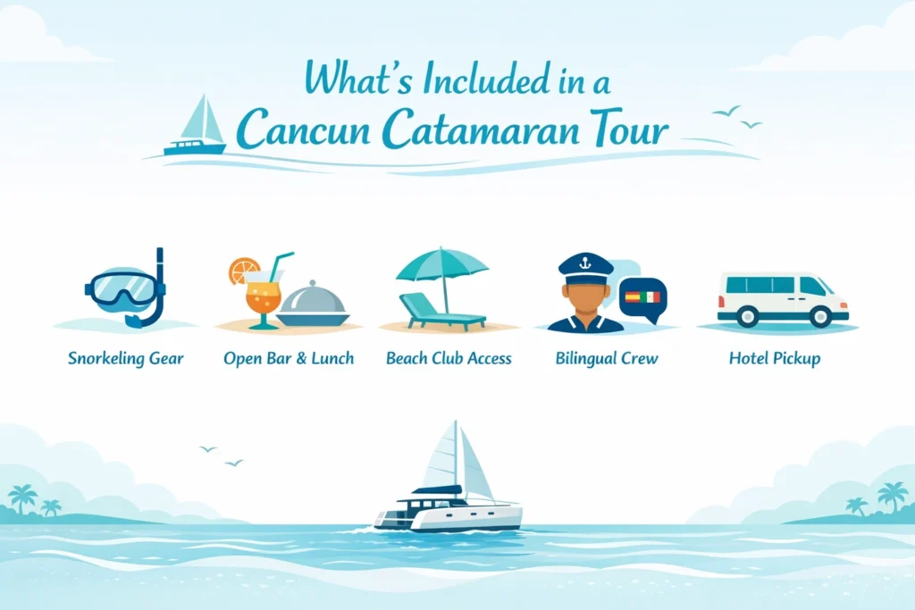 Infographic showing what’s included in a Cancun catamaran tour, including snorkeling gear, open bar, beach club access, bilingual crew, and hotel pickup.