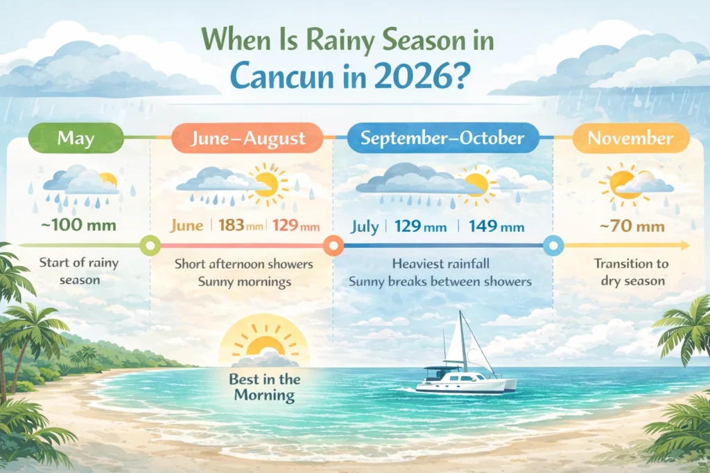 Landscape infographic timeline showing Cancun’s rainy season from May to November with tropical colors, rainfall amounts, weather icons, and a white catamaran on turquoise water with palm trees.