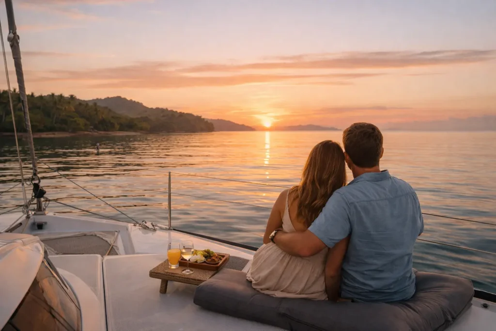 Babymoon activities in Costa Rica with a couple relaxing on a sailboat at sunset, calm tropical waters.