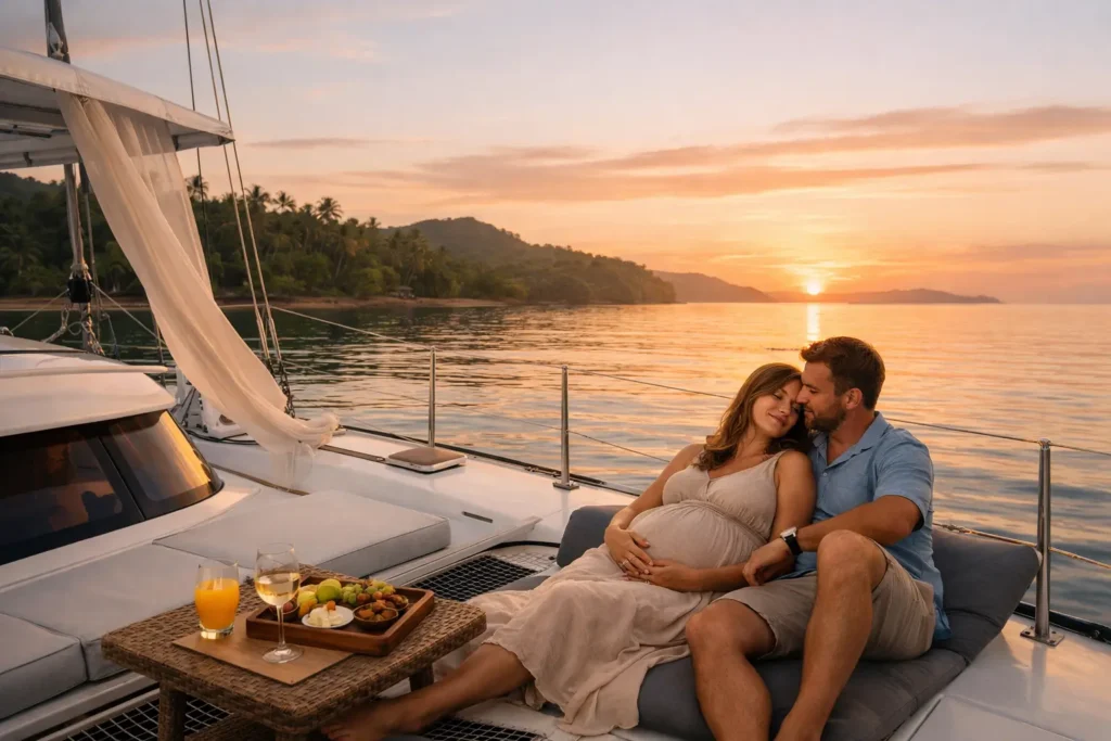 Babymoon activities in Costa Rica with pregnant couple relaxing on a white catamaran at sunset.