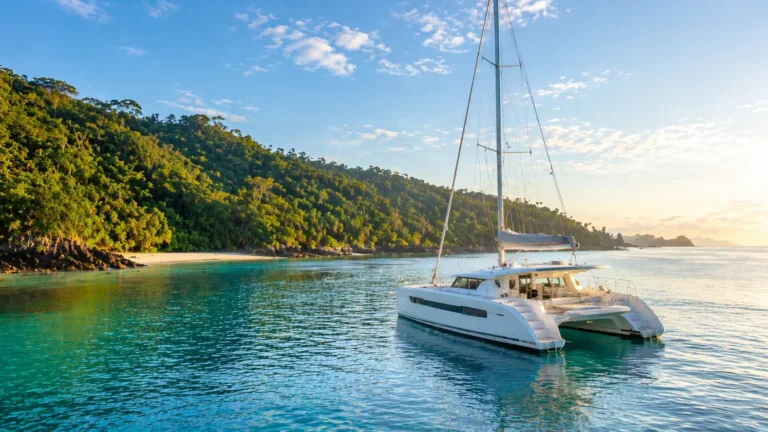 Best catamaran tours Costa Rica featuring a luxury white catamaran anchored in calm turquoise water with tropical coastline in morning light.