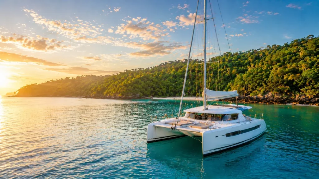 Best catamaran tours Costa Rica featuring a luxury white catamaran sailing on calm turquoise water near tropical coastline at golden hour.