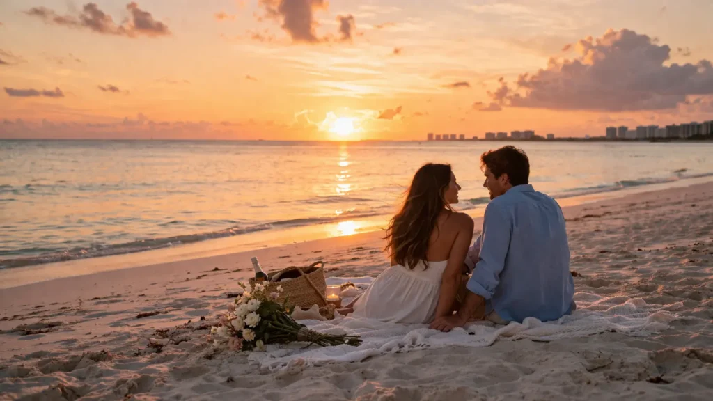 best places to propose in Cancun with a quiet romantic beach moment at sunset, couple sitting together by the shoreline in a peaceful setting.