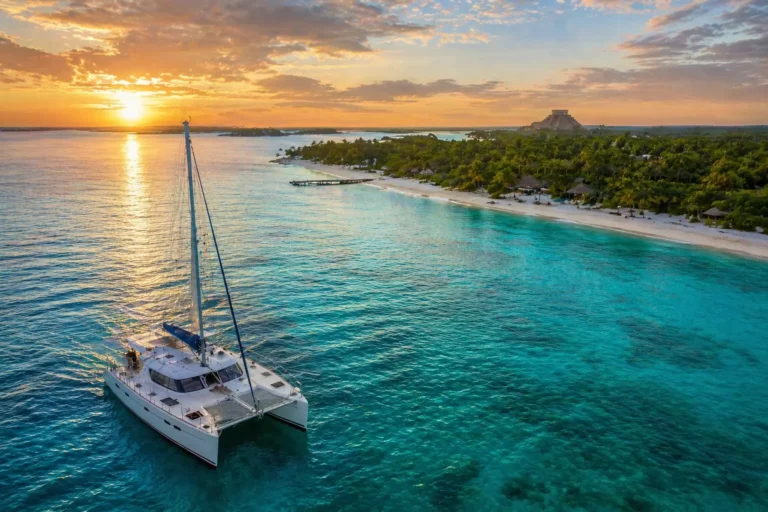 Catamaran sailing along Cancun coastline at sunset showing top places to visit in Cancun with turquoise water and white sand beaches