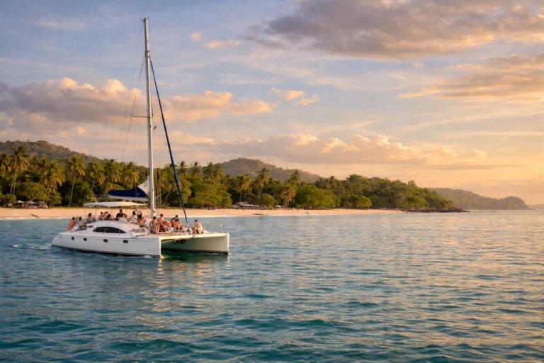 Tourists enjoying snorkeling and a catamaran ride during Playa Flamingo Costa Rica excursions with clear waters and vibrant marine life