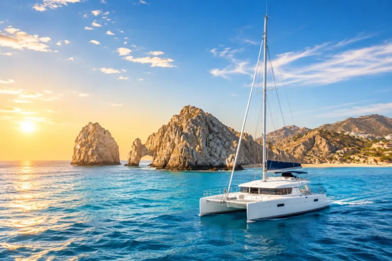 Cabo San Lucas Weather in February with a realistic white catamaran sailing on deep blue ocean water near the iconic rocky coastline under a bright sky.