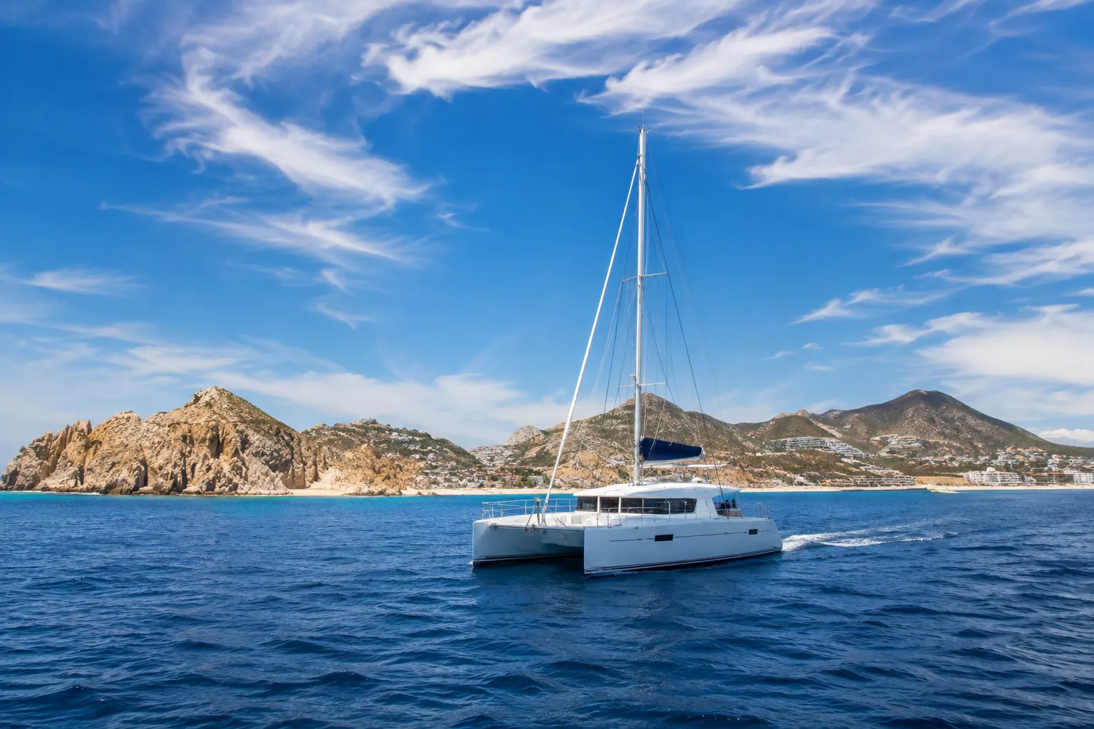 Cabo San Lucas Weather in May with a realistic white catamaran sailing on deep blue ocean water beneath a bright, partly cloudy sky.