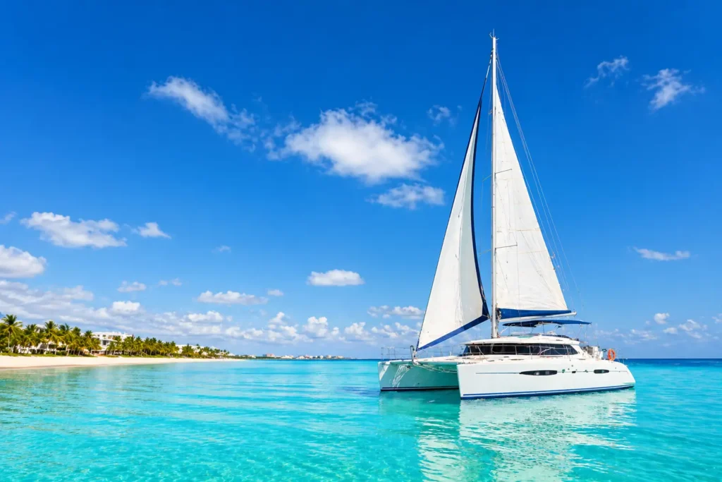 White catamaran sailing on calm turquoise water in Cancun with clear blue sky and tropical coastline in the background