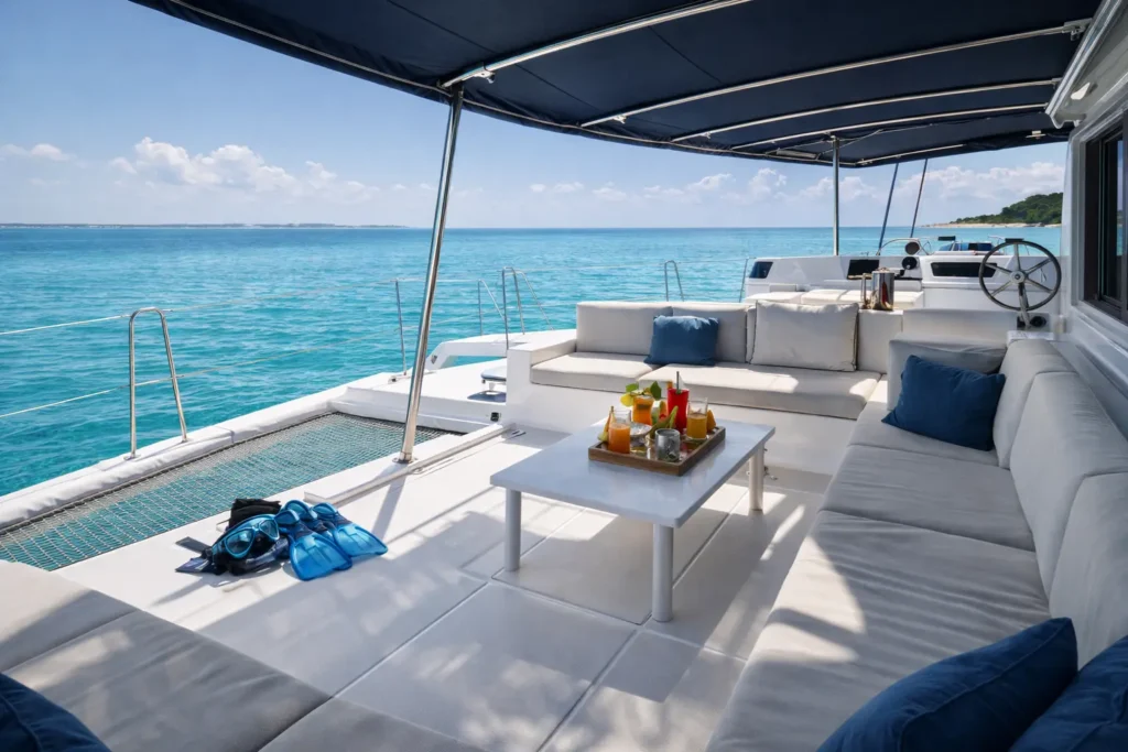 Onboard view of a Cancun private catamaran deck with seating area tropical drinks and snorkeling gear overlooking clear turquoise Caribbean water with no people visible