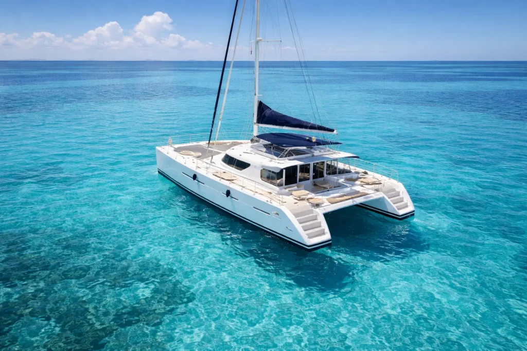 Rear view of a Cancun private catamaran sailing on clear turquoise Caribbean water with spacious deck and no people visible