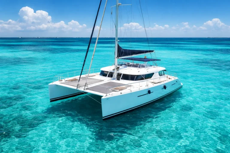 Cancun private catamaran sailing on clear turquoise Caribbean water under a bright blue sky with no people visible