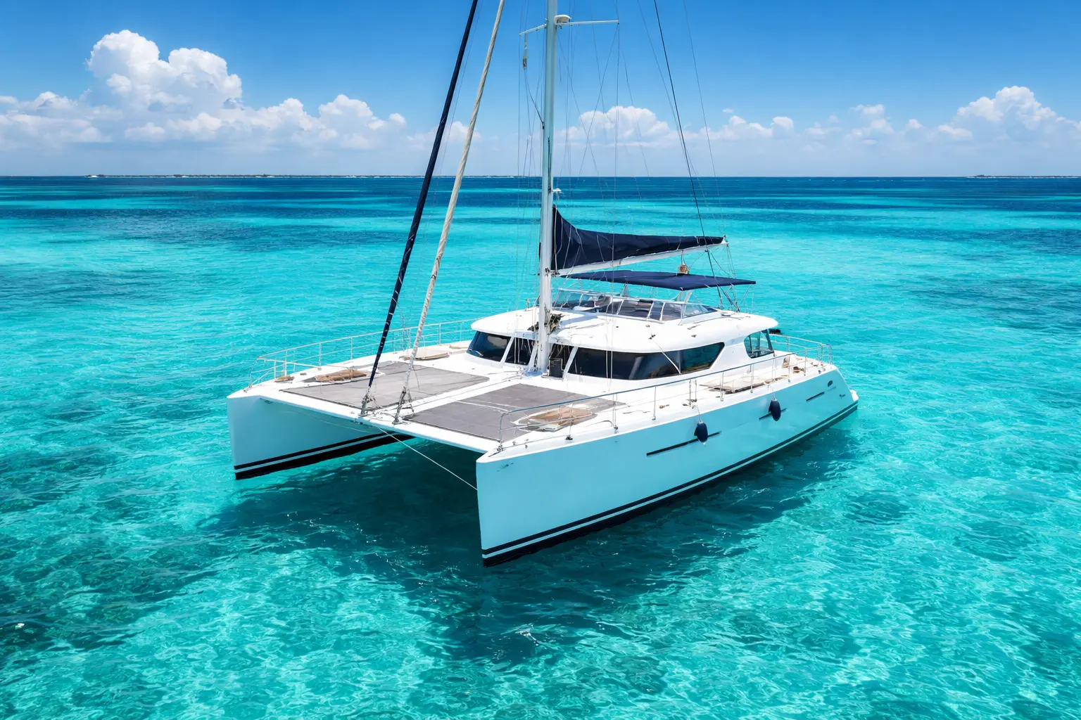 Cancun private catamaran sailing on clear turquoise Caribbean water under a bright blue sky with no people visible