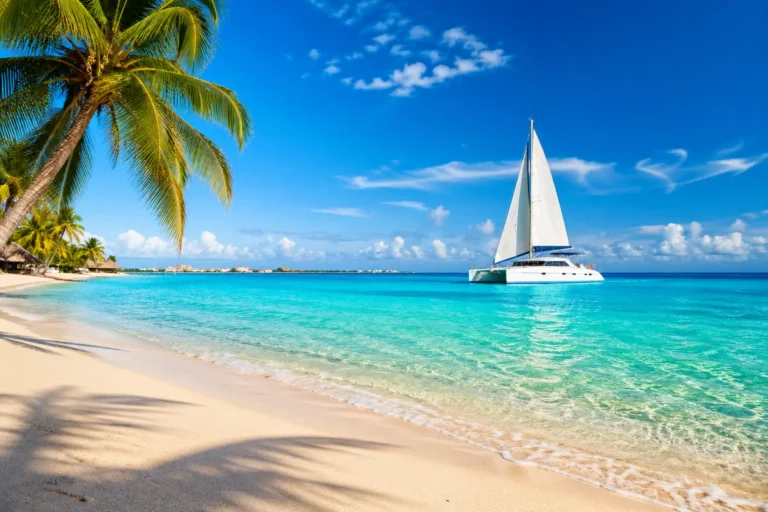 Cancun beach with white sand, turquoise water and a catamaran sailing under clear blue sky on a sunny day