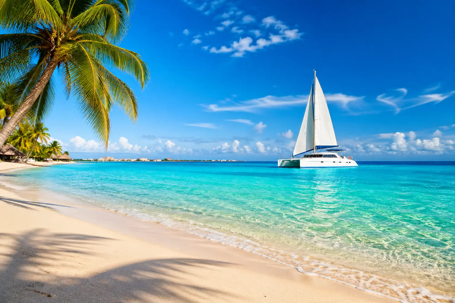 Cancun beach with white sand, turquoise water and a catamaran sailing under clear blue sky on a sunny day