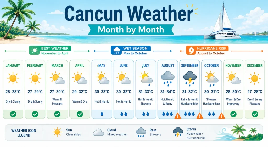 Infographic showing Cancun weather month by month with temperature ranges, seasons, and icons for sun, rain, and hurricane risk