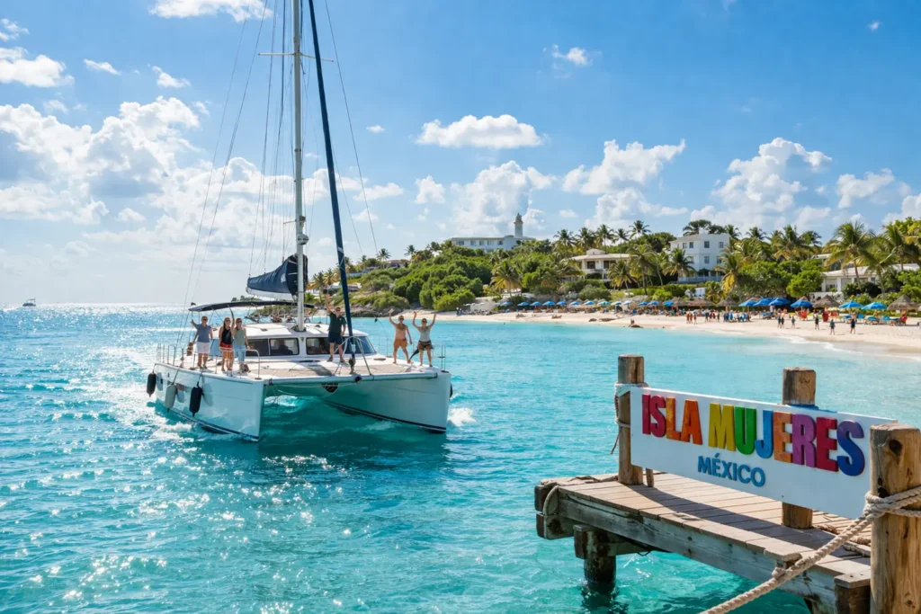 Catamaran approaching Isla Mujeres in the morning with turquoise waters and passengers waving as they near the island.