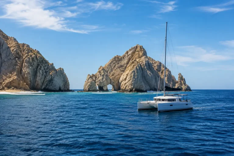 Is Cabo San Lucas Safe with a realistic white catamaran sailing in deep blue waters near the iconic Cabo San Lucas rock formations.