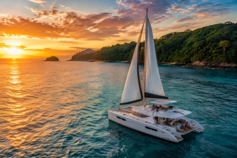 Catamaran getaway in Costa Rica with a luxury sailboat cruising along the Pacific coast at sunset and tropical rainforest views