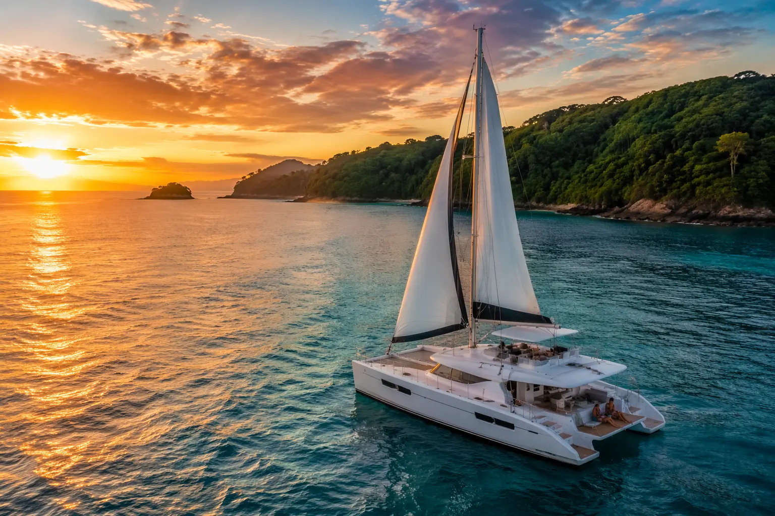 Catamaran getaway in Costa Rica with a luxury sailboat cruising along the Pacific coast at sunset and tropical rainforest views