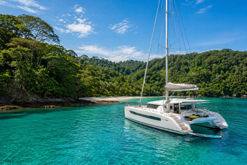 Catamaran getaway in Costa Rica with a luxury sailboat anchored in a calm turquoise bay surrounded by tropical rainforest coastline.