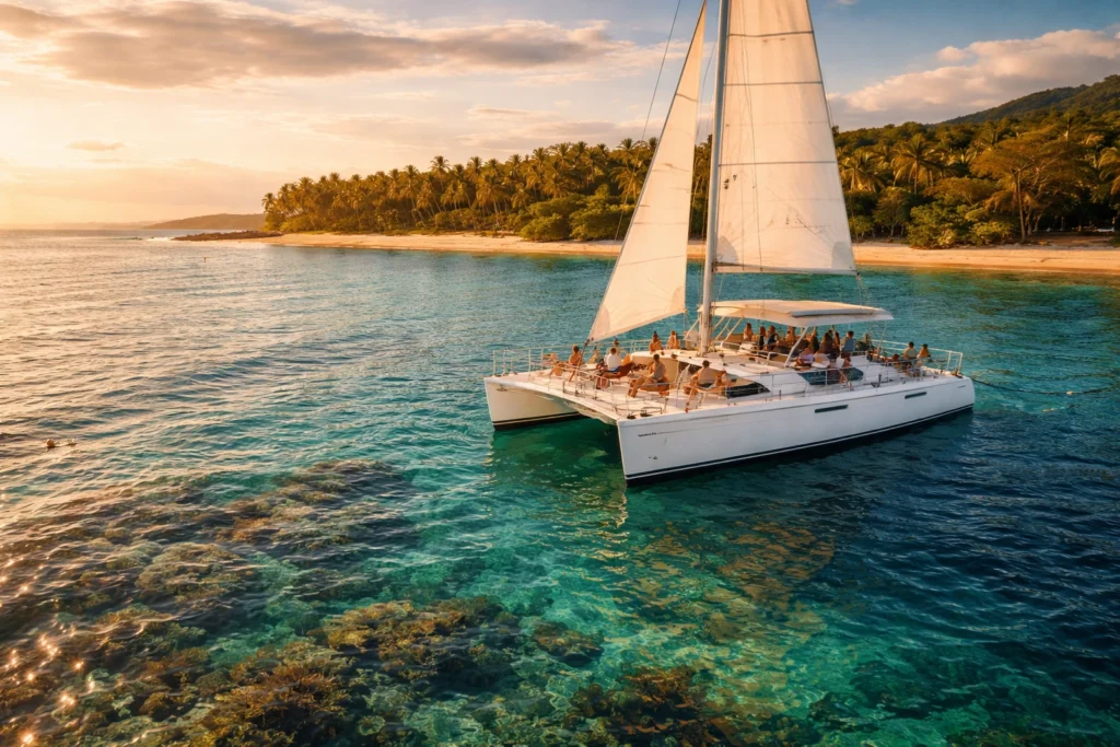 Catamaran with passengers on calm turquoise Pacific waters near Playa Flamingo, Costa Rica at sunset.