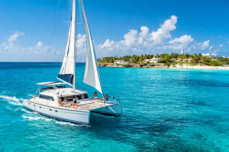 Catamaran to Isla Mujeres sailing in clear turquoise waters with Isla Mujeres visible in the background under a bright morning sky.