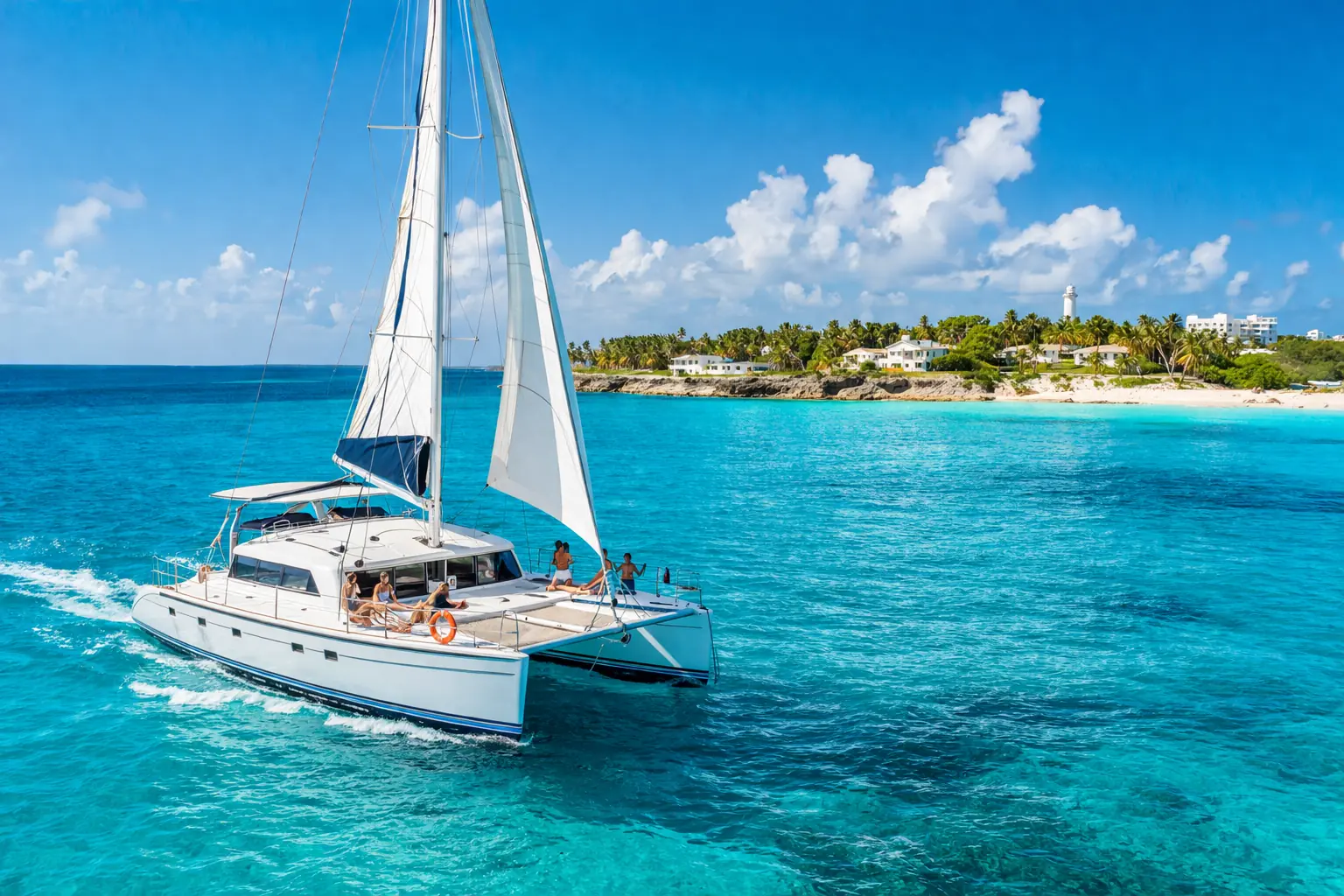 Catamaran to Isla Mujeres sailing in clear turquoise waters with Isla Mujeres visible in the background under a bright morning sky.