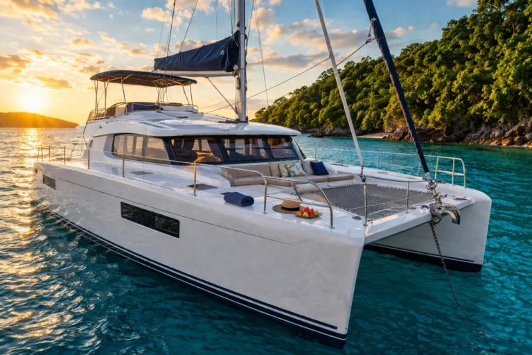 Costa Rica boat tours featuring a luxury catamaran on turquoise waters at sunset with tropical coastline and scenic island views without visible people