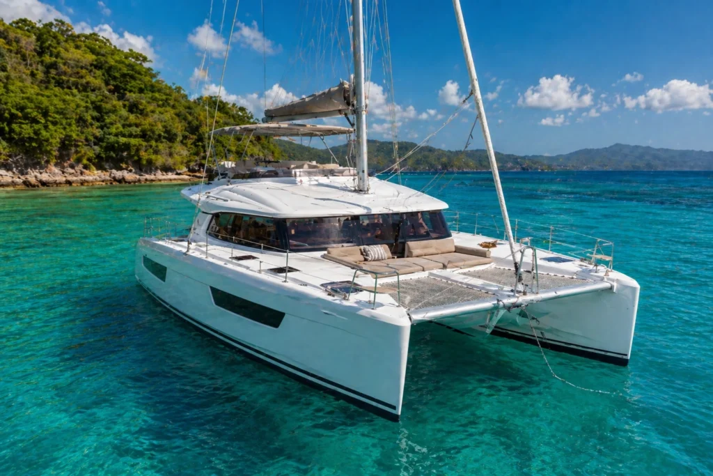 Costa rica boat tours with a luxury catamaran sailing on clear turquoise water near a tropical coastline with lush green hills