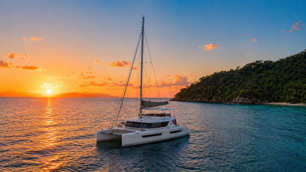 Costa Rica boat tours with a luxury catamaran sailing at sunset on calm ocean waters with a tropical coastline and golden sky