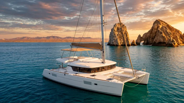 Cabo San Lucas Weather in August with a luxury catamaran cruising near El Arco during a warm summer sunset on calm turquoise waters.