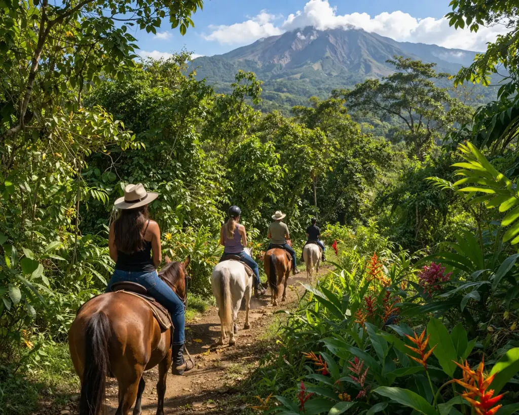 People horseback riding along a rainforest trail near Rincon de la Vieja Volcano, surrounded by lush tropical vegetation and sunlight filtering through the trees in Playa Flamingo, Costa Rica.