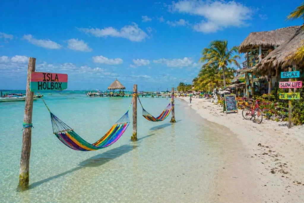 Isla Holbox beach with hammocks over water showing a peaceful place to visit in Cancun for relaxation and slow travel