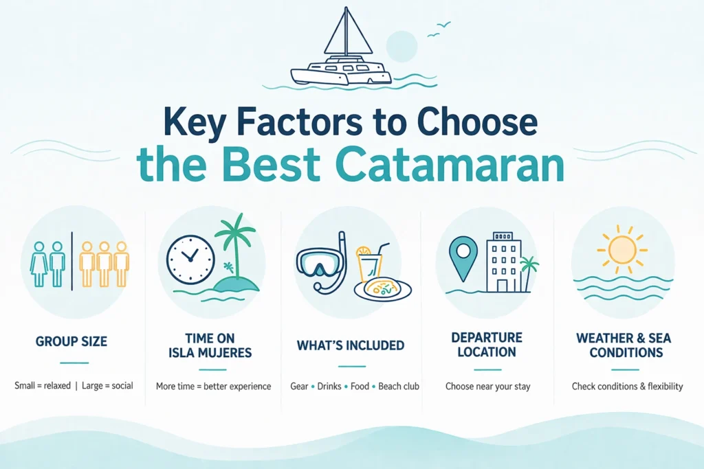 Minimalist travel infographic with icons highlighting key factors for choosing a catamaran, including group size, time on the island, inclusions, l