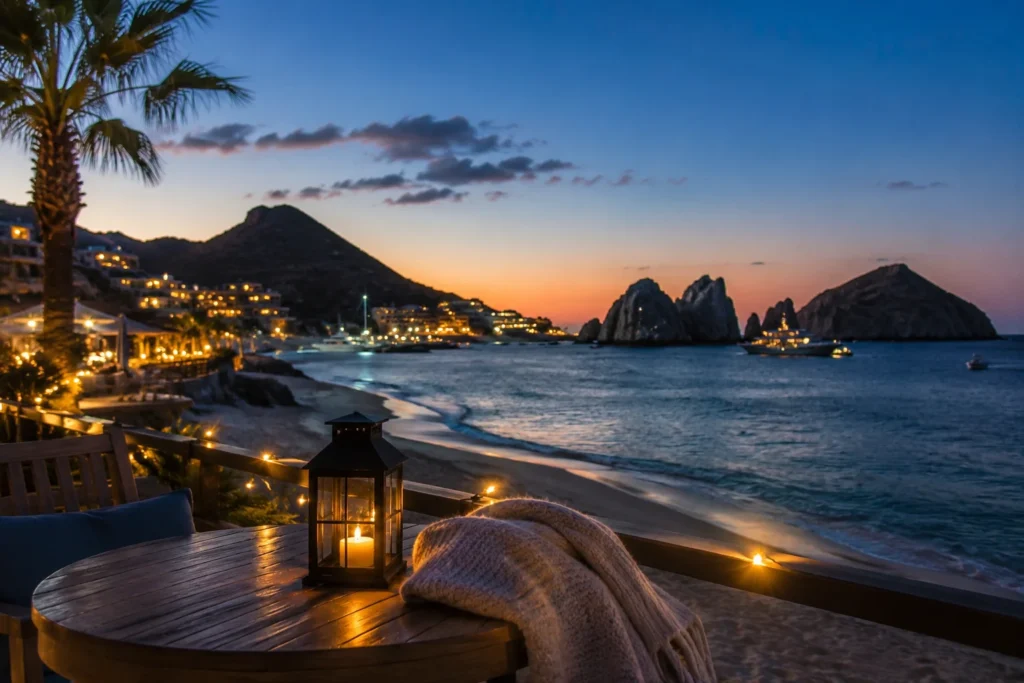 Cabo beach at night with a warm lantern-lit terrace, calm ocean, rocky formations, and glowing resort lights under a twilight sky.
