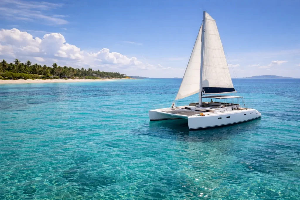 Luxury catamaran Cancun sailing in turquoise Caribbean sea with full distant view of boat near Isla Mujeres coastline under clear sky