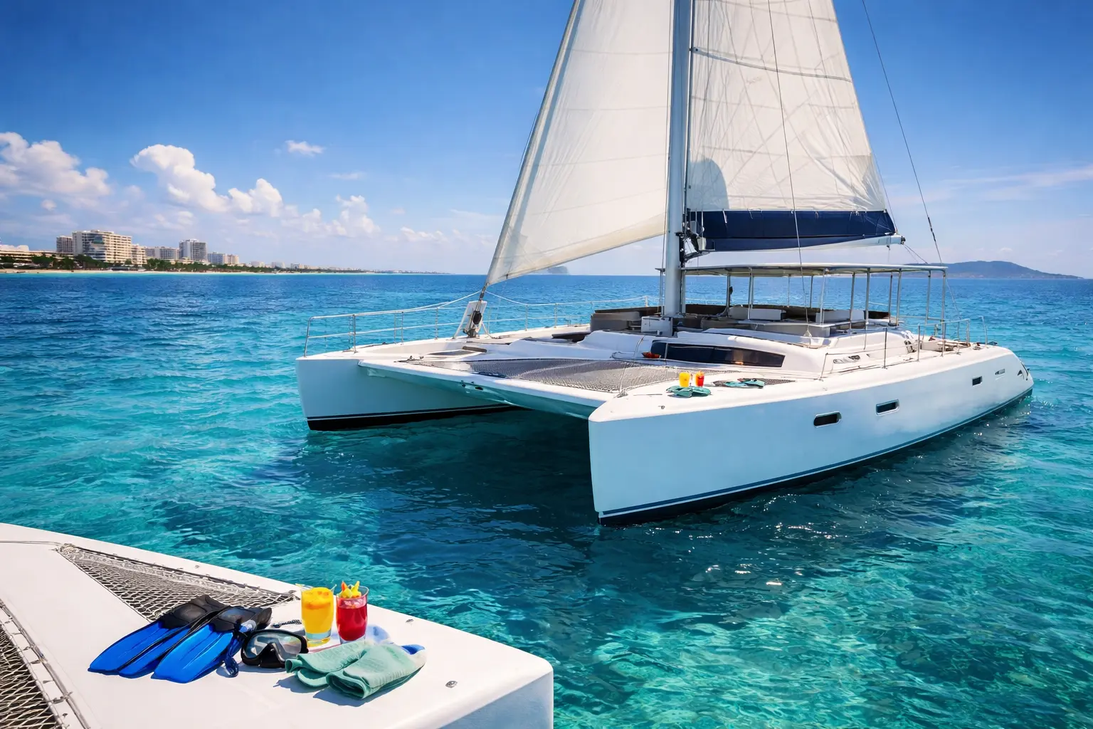 Luxury catamaran Cancun sailing in clear turquoise Caribbean water with full boat view, calm sea, and sunny sky