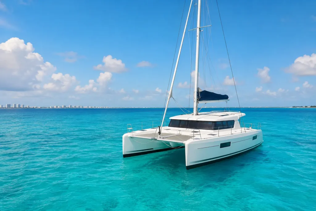 White luxury catamaran sailing on clear turquoise Caribbean water near Isla Mujeres Cancun under a bright blue sky with no people on board