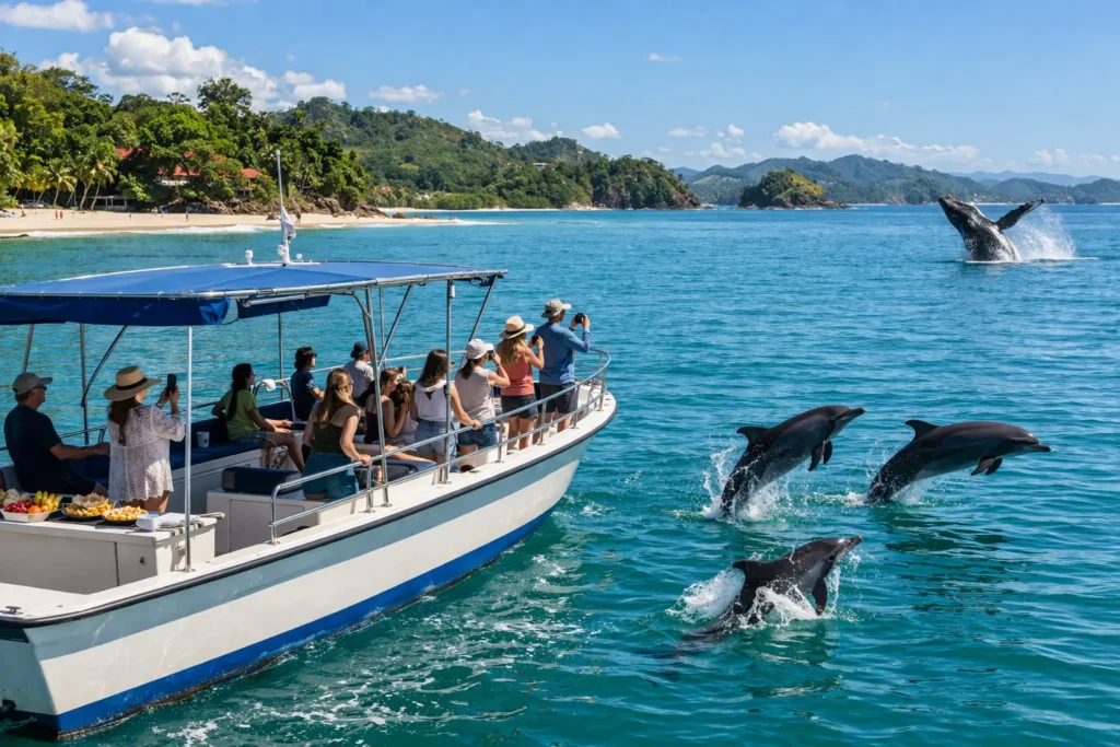 Visitors on a boat in Playa Flamingo, Costa Rica, watching dolphins leap and a humpback whale breach in calm turquoise waters near a tropical coastline.