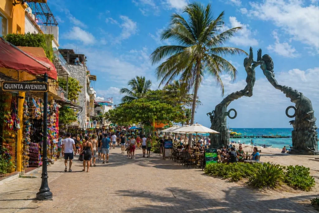 Playa del Carmen street and beach view showing a lively place to visit in Cancun with shops, palm trees, and ocean nearby