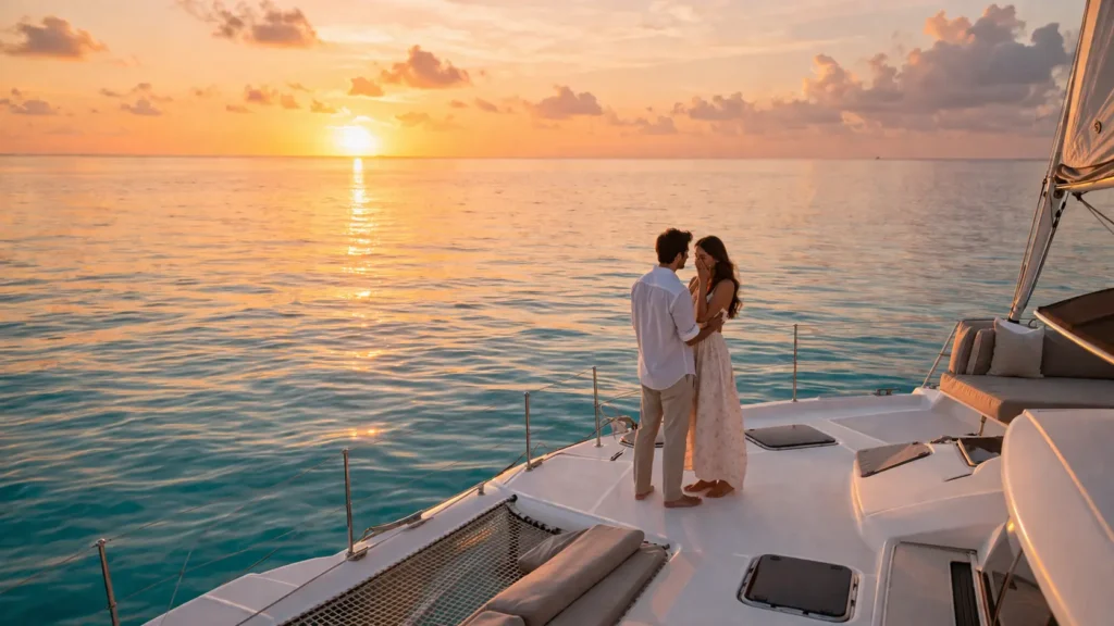 Best places to propose in Cancun shown through a private catamaran proposal at sea with a couple sharing a quiet, intimate moment on calm Caribbean waters.
