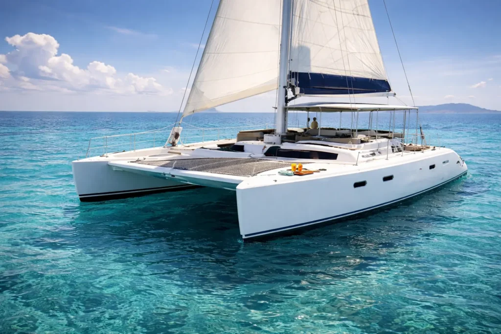 Luxury catamaran Cancun private sailing boat with full view of twin hulls on calm turquoise sea under bright sunny sky
