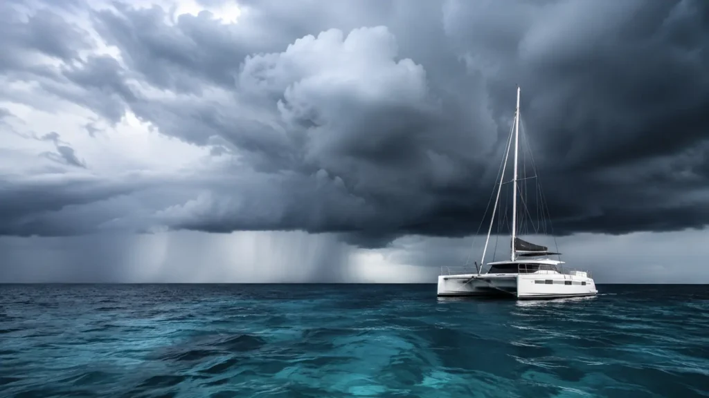 Luxury catamaran sailing on calm ocean waters at sunset with a colorful sky and scenic Cabo San Lucas coastline in the background.