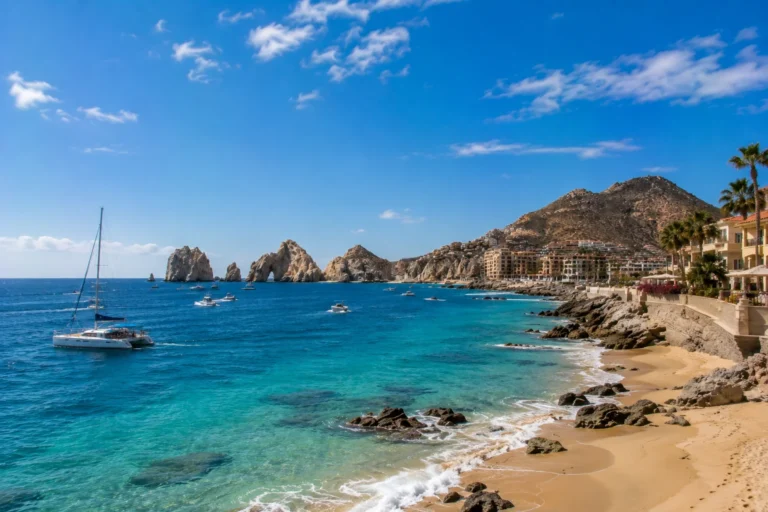 Sunny Cabo San Lucas coastline in July with turquoise water, sandy beach, luxury resorts, boats, and iconic rock formations.