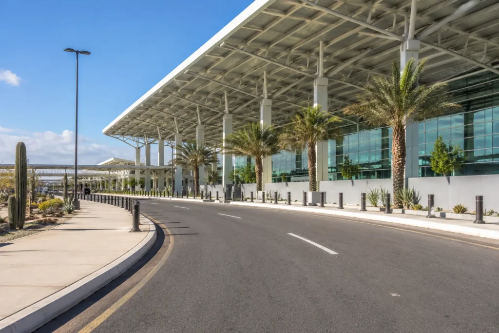 SJD International Airport terminal with palm trees, a modern covered drop-off area, and a clear roadway under a bright blue sky.
